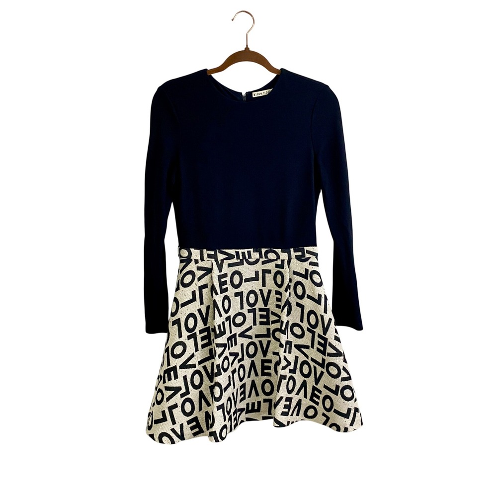 Alice + Olivia Mixed Media Long Sleeve Dress Love Sequin Jacquard Flare Skirt 6